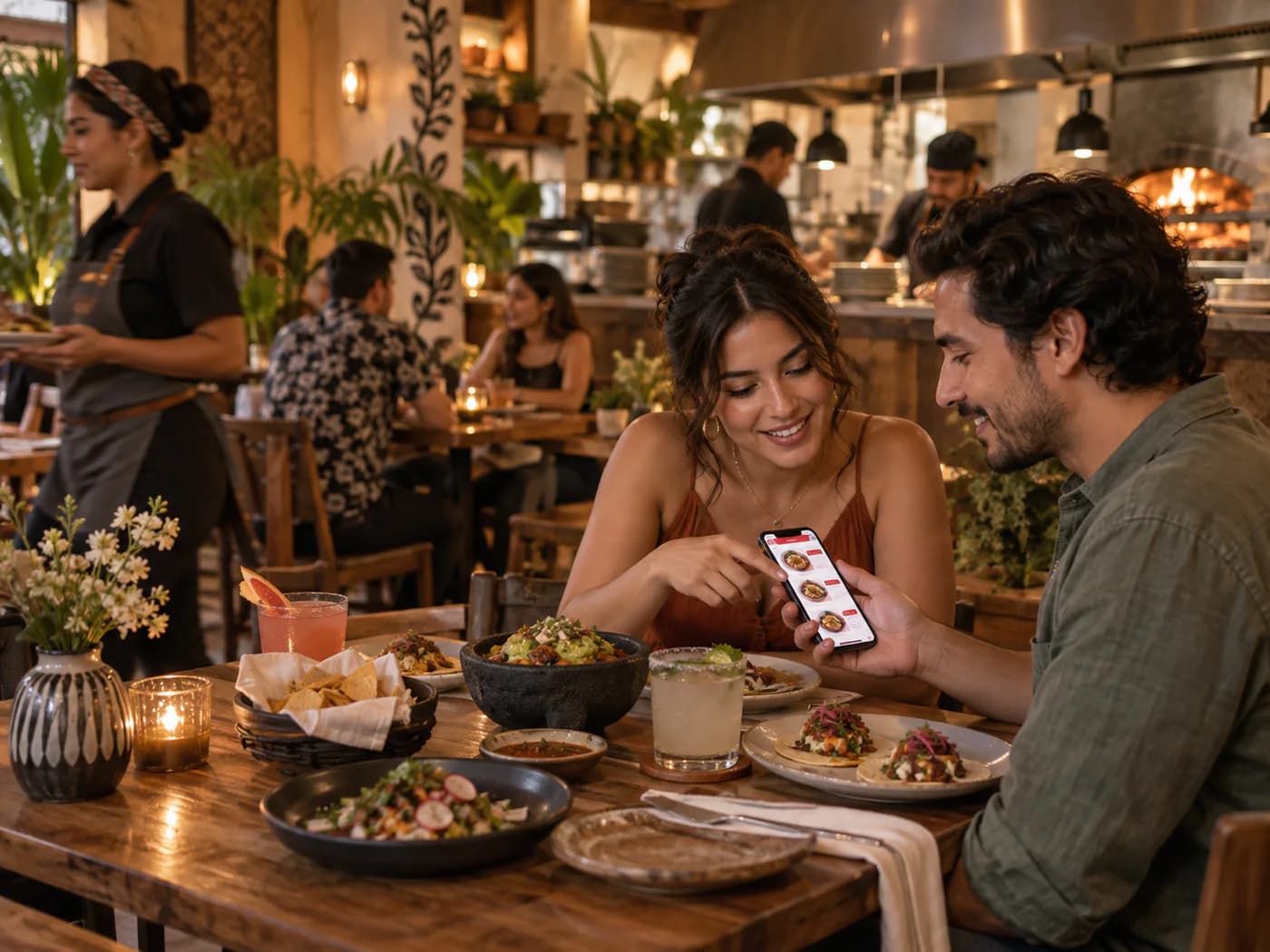 Comensales eligiendo platillos desde un menú digital en su celular