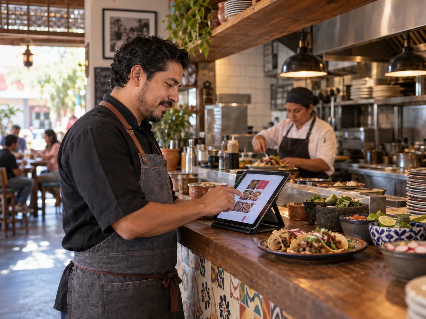 Dueño de restaurante actualizando su menú digital desde una tableta