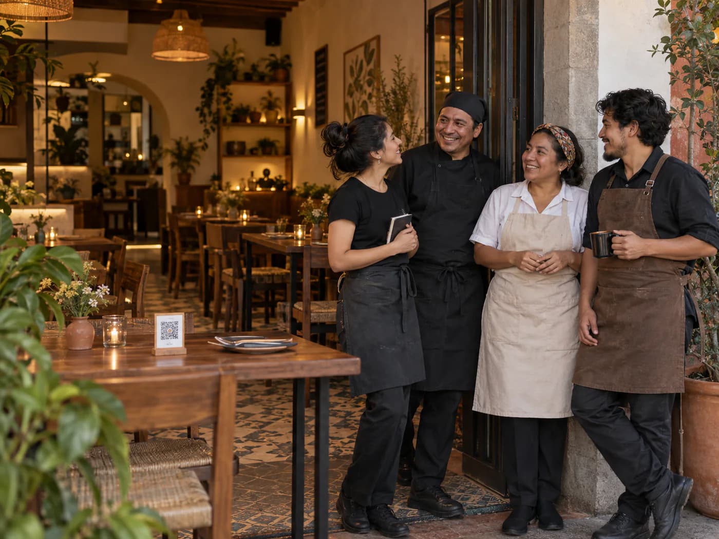 Equipo de un restaurante mexicano preparado para comenzar el servicio