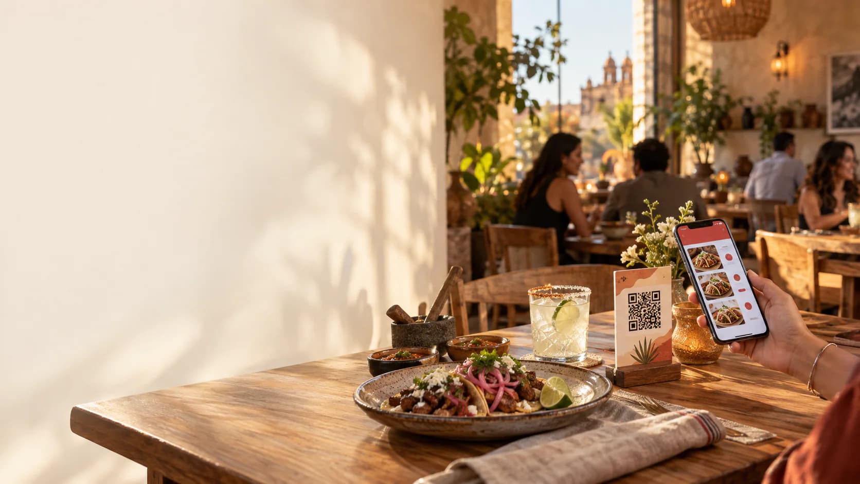 Comensales en restaurante consultando el menú digital con código QR