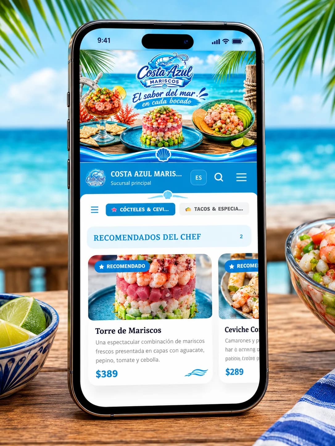 Menú de ejemplo para mariscos